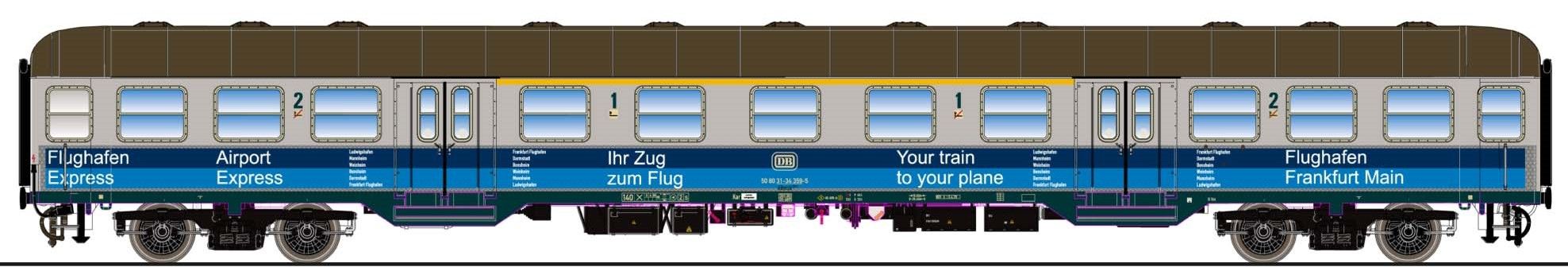 H0 Silberling / n-Wagen ABnrzb 704, 80 31 - 34 359-5, 1./2. Kl, DB Ep. IV, silber, Pfauenauge, blaue Streifen Flughafen-Express, DC